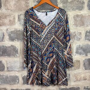 Bebop Women's Large Geometric Print V Neck Long Sleeve Flared Dress Mini Retro